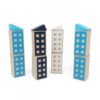 Juego de construir edificios: azul claro, azul oscuro y blanco