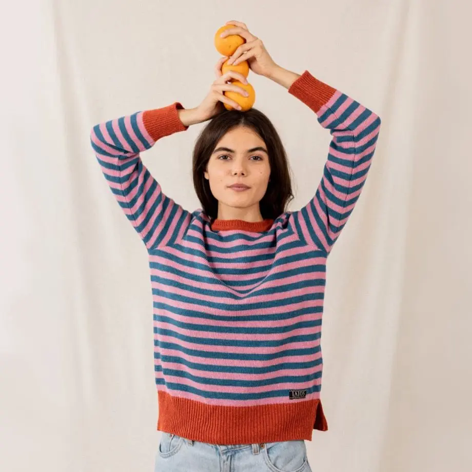 Jersey rayas mujer naranja de lana reciclada Ropa sostenible