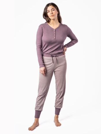Pijama largo mujer 100% algodón orgánico estampado hojas malva