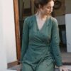 Vestido cruzado ecológico manga larga trazos verde