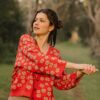 Cárdigan flores mujer guinda algodón egipcio