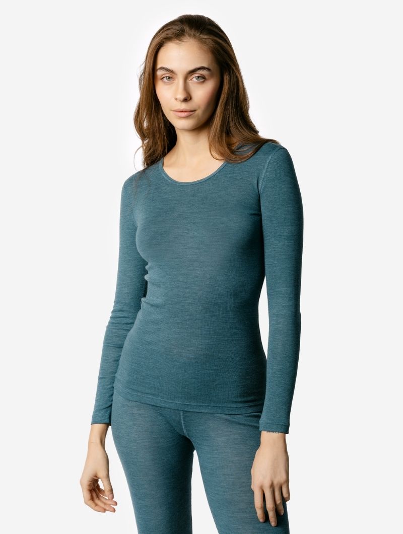 Camiseta térmica mujer de lana ecológica - Azul turquesa