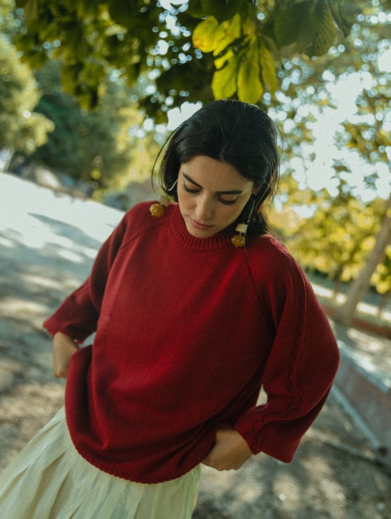 Jersey manga globo con calados de algodón orgánico - color fresa