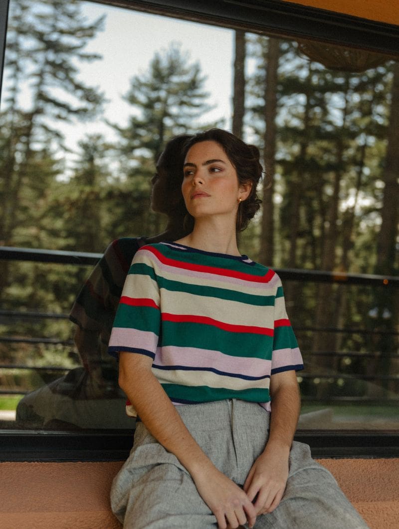 Top de punto a rayas de manga corta - Imagen 2