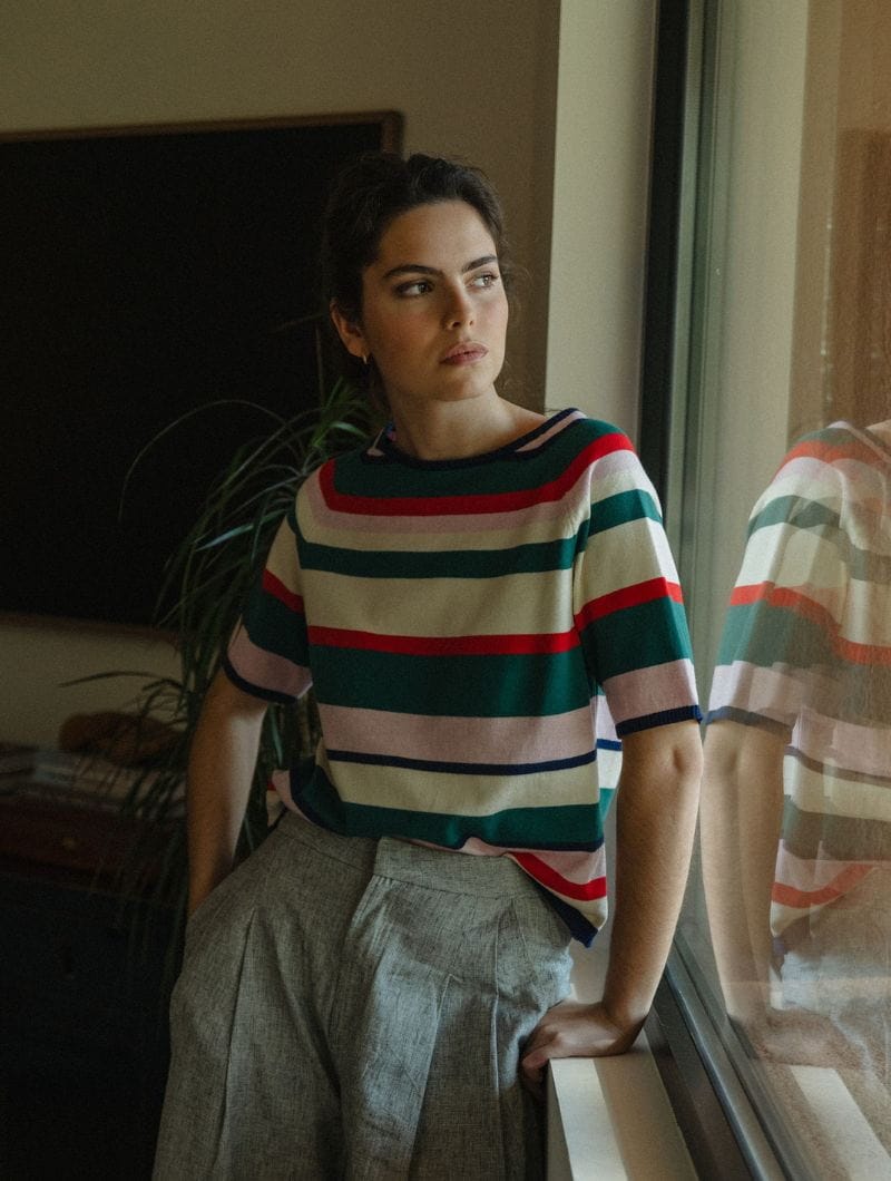 Top de punto a rayas de manga corta - Imagen 3