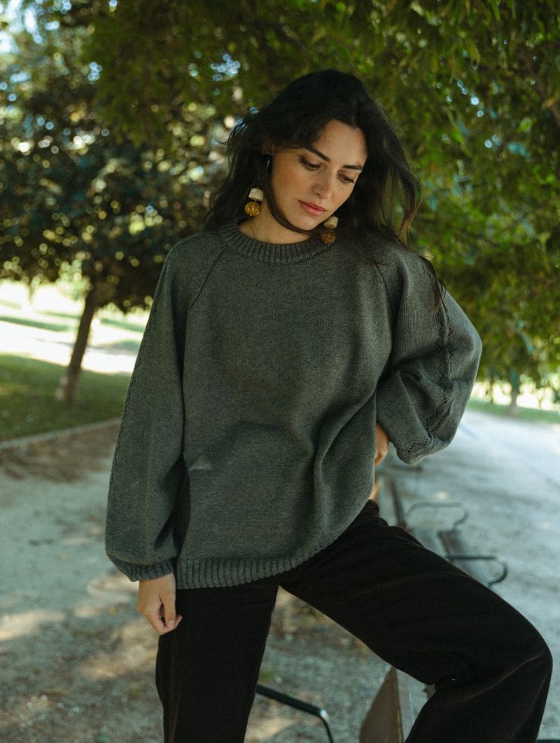 Jersey manga globo con calados de algodón orgánico - color gris