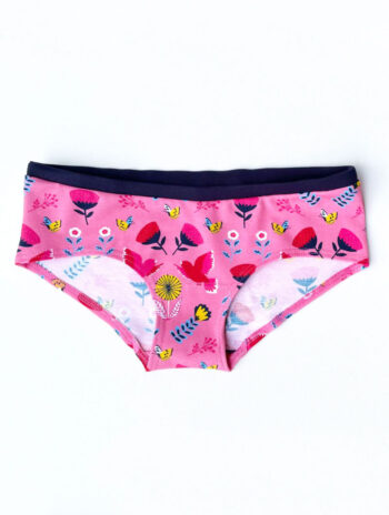 Braguitas rosas con flores y pájaros de algodón orgánico