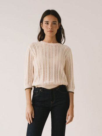 Jersey calado crudo de algodón orgánico con textura vertical y cuello redondo para mujer