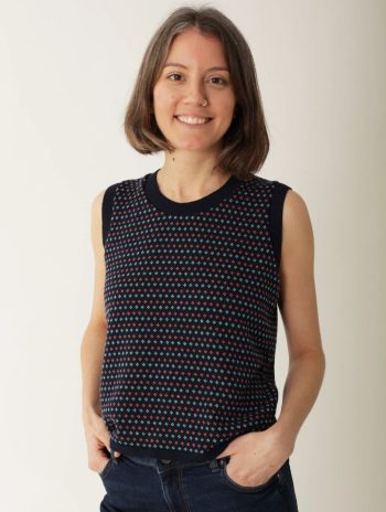 Chaleco de punto azul con estampado geométrico en salmón y turquesa para mujer