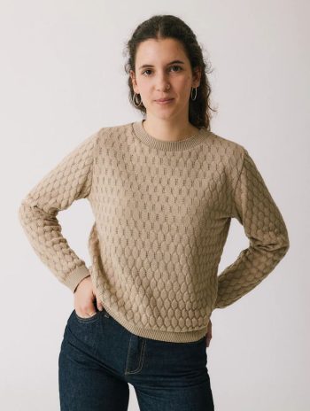 Jersey fino mujer calado colmena arena manga larga