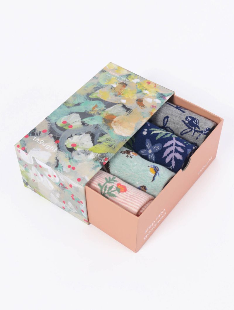 Pack de 4 calcetines ecológicos de pájaros para mujer.