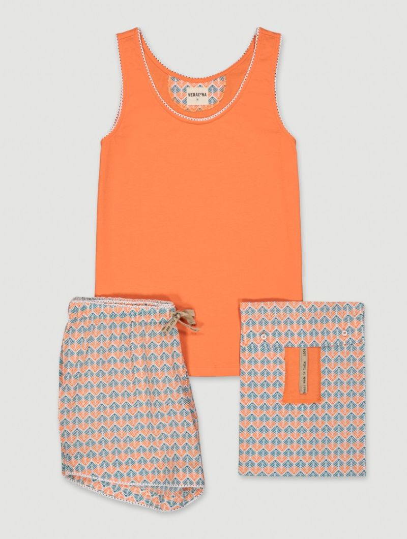 Pijama corto naranja estampado palmas de algodón orgánico - Imagen 6