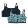 Pack de 2 bralettes de algodón orgánico, uno negro liso y otro azul claro con estampado de pájaros