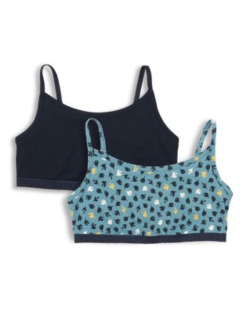 Pack de 2 bralettes de algodón orgánico, uno negro liso y otro azul claro con estampado de pájaros