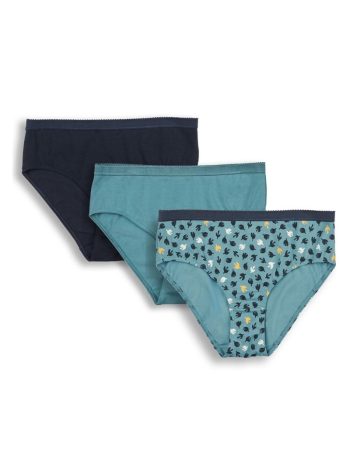 Pack de 3 bragas de algodón orgánico en negro, azul claro y estampado de pájaros
