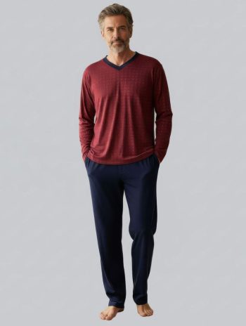 Pijama largo hombre Crest modal burdeos con pantalón azul marino