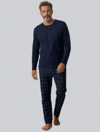 Pijama largo hombre Preppy modal azul marino con pantalón de cuadros