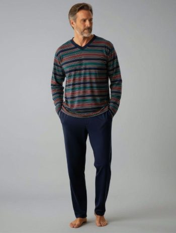 Pijama largo hombre Rugby modal con camiseta de rayas y pantalón azul marino