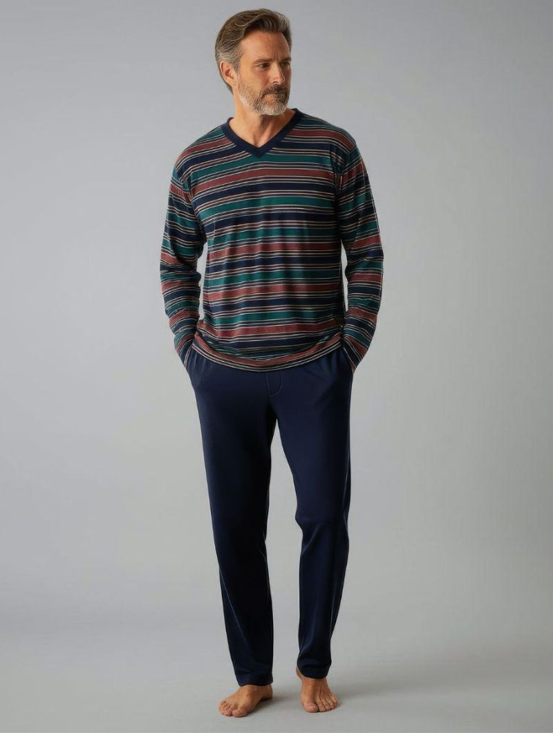 Pijama largo hombre Rugby modal con camiseta de rayas y pantalón azul marino