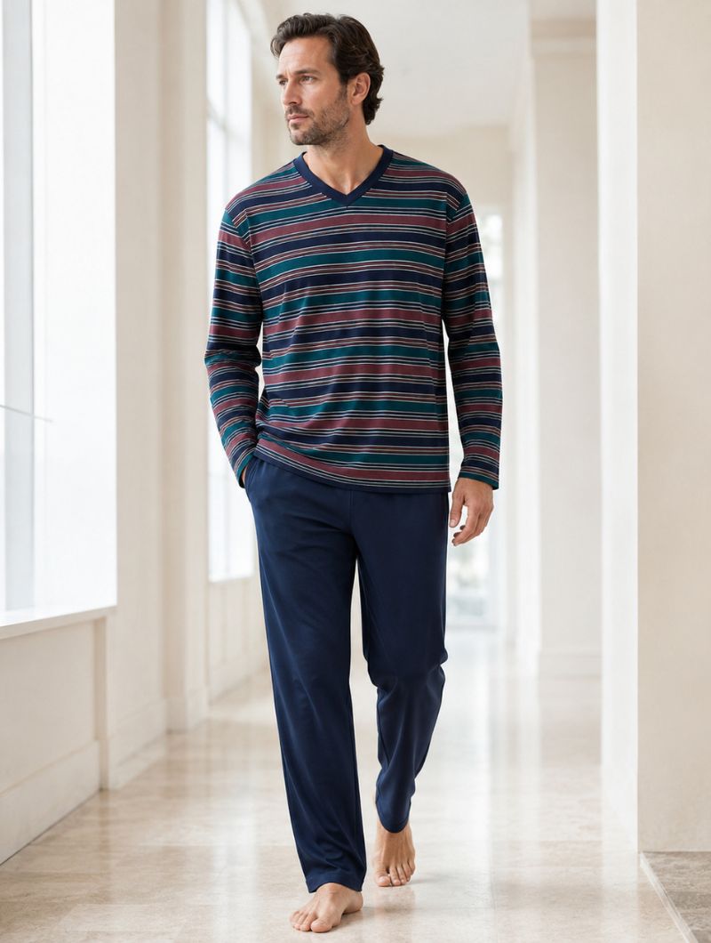Pijama largo hombre Rugby modal granate rayas - Imagen 3