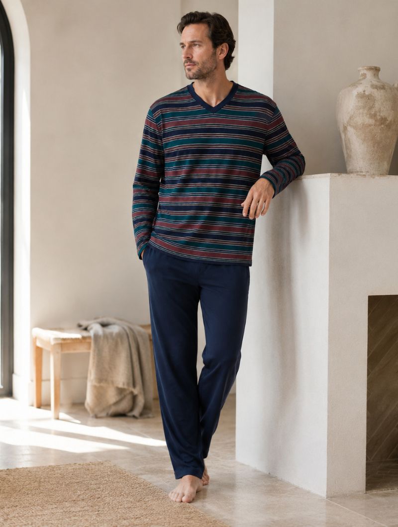 Pijama largo hombre Rugby modal granate rayas - Imagen 4