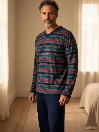 Alternative view of Pijama largo hombre Rugby modal granate rayas