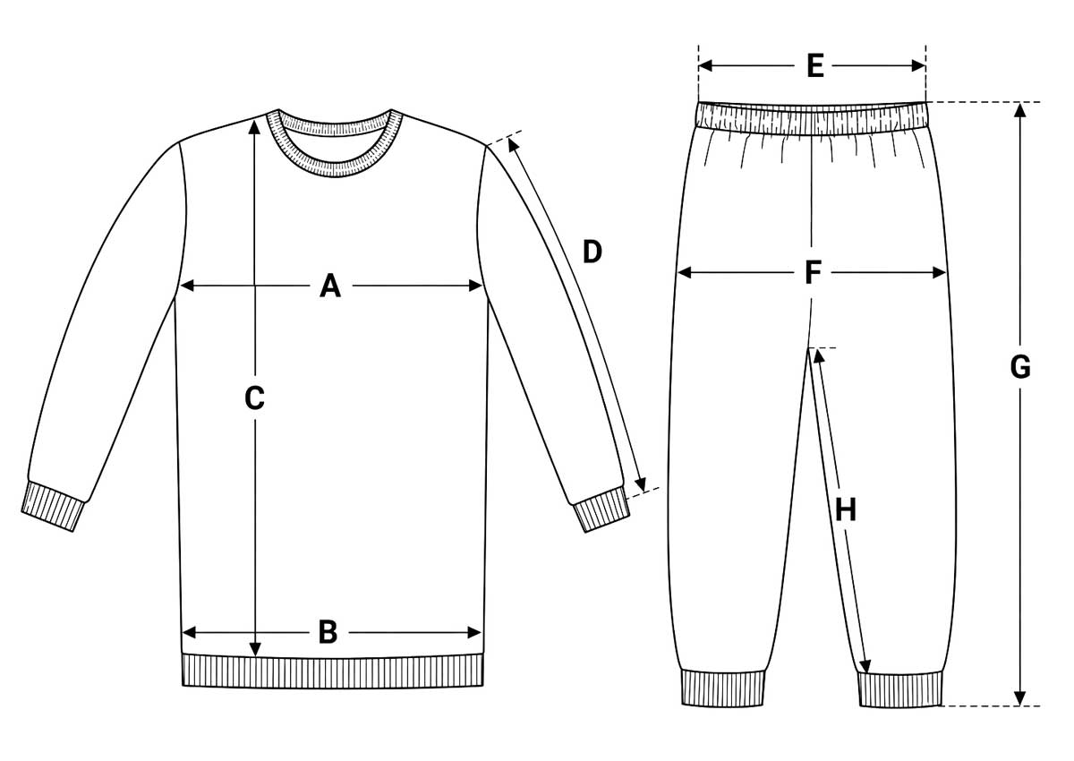 Cómo medir un pijama de felpa: pecho, bajo, largo, manga, cintura, cadera, largo de pierna y entrepierna