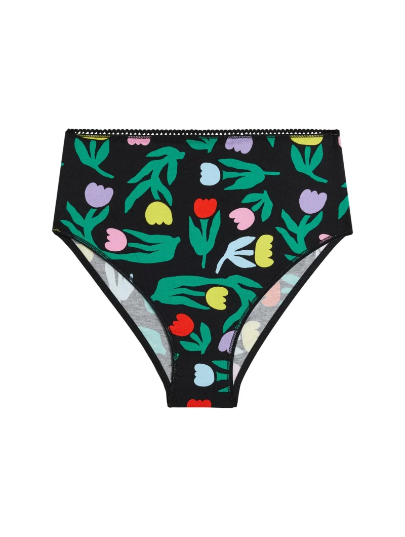 Braga de cintura alta negra con estampado tulipanes multicolor