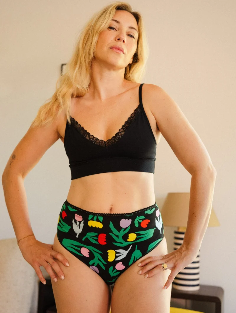 Braga alta de algodón orgánico con estampado tulipanes negro - Imagen 4