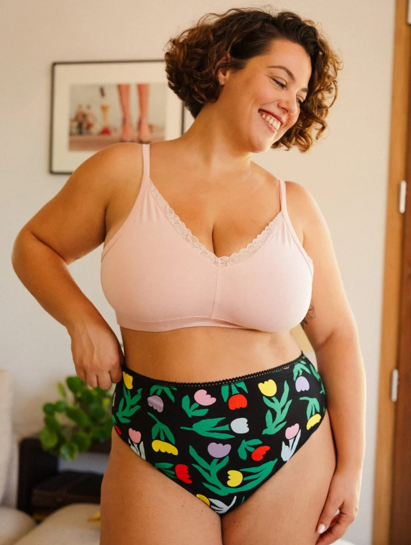 Braga alta de algodón orgánico con estampado tulipanes negro - Imagen 7
