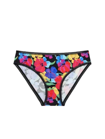 Braguita negra con estampado floral multicolor y bordes de encaje