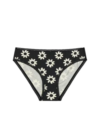 Braga clásica negra con estampado de flores blancas y ribetes de encaje