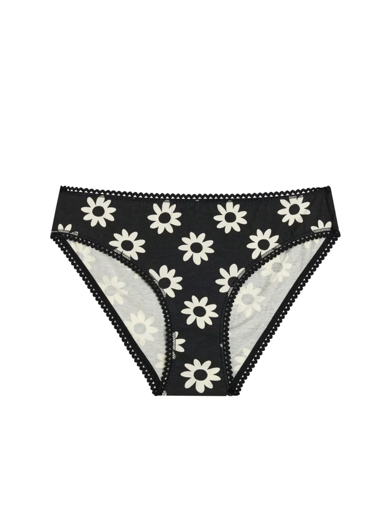 Braga clásica negra con estampado de flores blancas y ribetes de encaje
