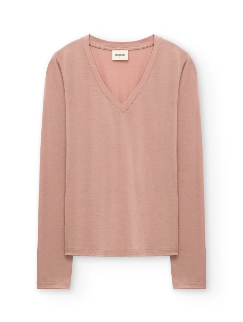 Camiseta de cuello V rosa empolvado de lana merino - Imagen 6