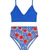 Conjunto de bralette azul y braga de talle alto con estampado floral azul, blanco y rojo