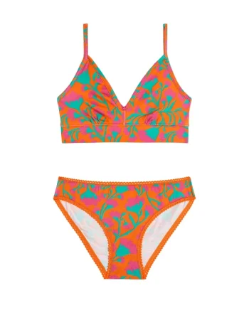 Conjunto interior naranja con estampado floral multicolor, top de tirantes y braguita clásica