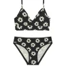 Conjunto de bralette y braga negros con estampado de flores blancas