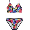 Conjunto de bralette de tirantes y braga con estampado floral multicolor sobre fondo negro