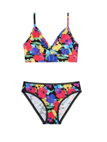Conjunto de bralette de tirantes y braga con estampado floral multicolor sobre fondo negro