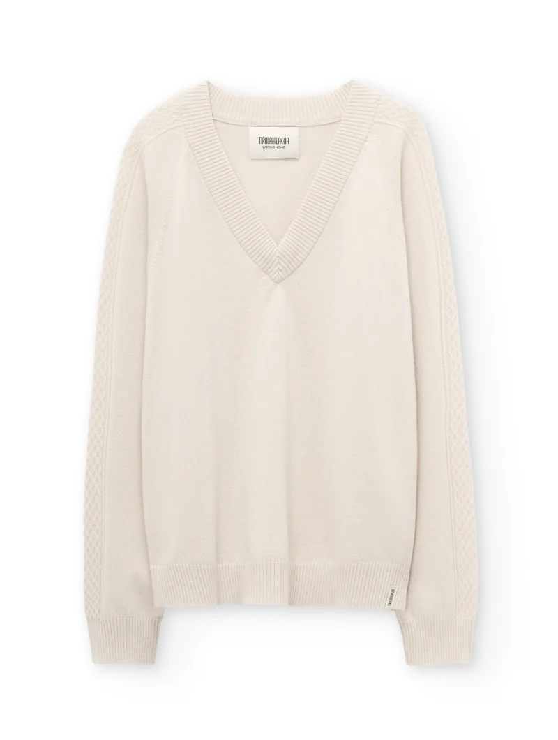 Jersey beige con escote en V de lana merino y cachemir - Imagen 5