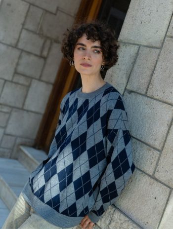 Jersey de rombos azul marino y gris de lana merino Counting Clouds