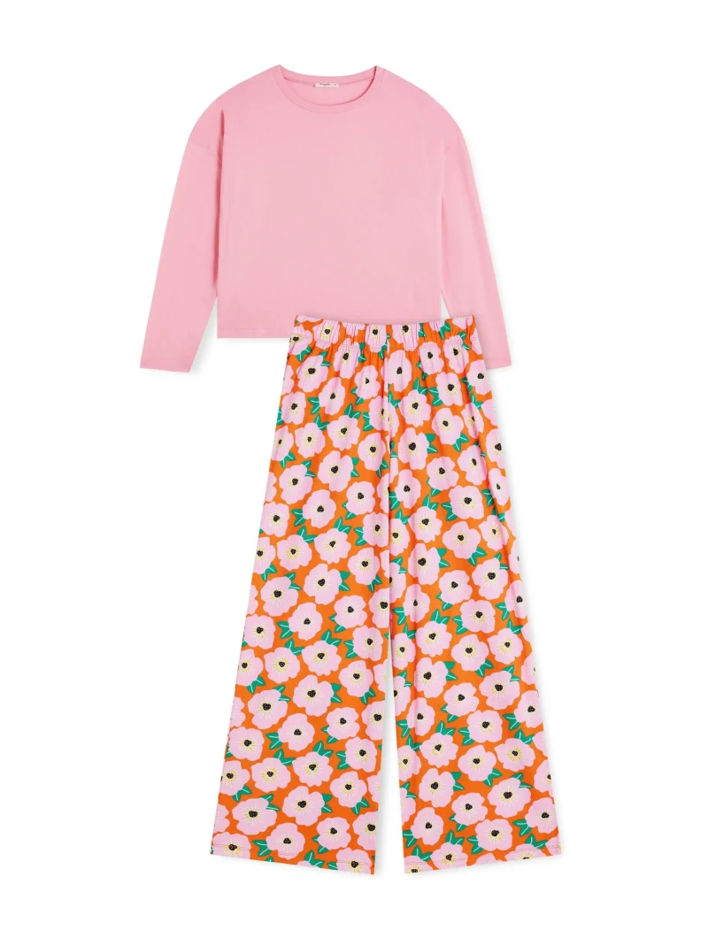 Pijama rosa de manga larga y pantalón ancho con estampado floral multicolor