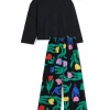 Pijama negro de manga larga y pantalón ancho con estampado floral multicolor