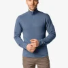 Hombre con forro polar azul de manga larga y cuello alto con media cremallera