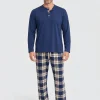 Pijama largo de hombre de modal azul con pantalón de cuadros