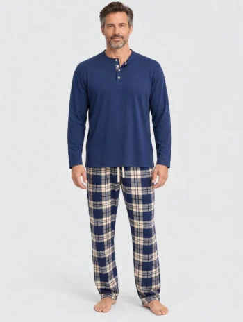 Pijama largo de hombre de modal azul con pantalón de cuadros