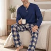 Pijama largo de hombre de modal azul con pantalón de cuadros - Imagen 3
