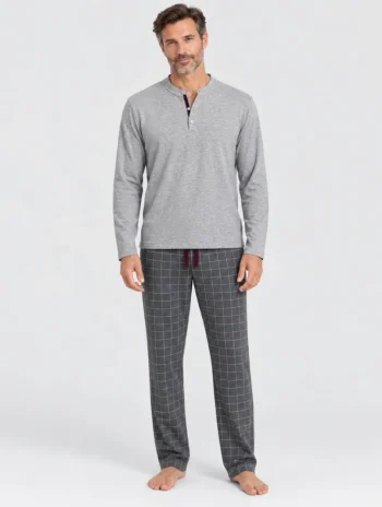 Pijama largo de hombre de modal gris pantalón a cuadros