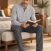 Pijama largo de hombre de modal gris pantalón a cuadros - Imagen 5